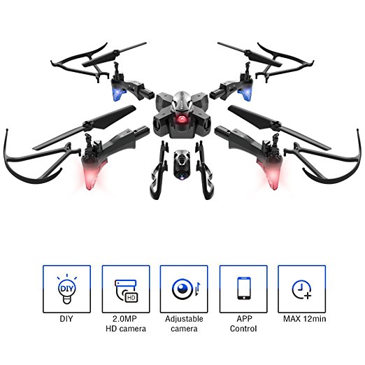 Drone with Camera Live Video Detachable RC Quadcopter with 2 Batteries 2.0MP FPV WiFi 2.4GHz 6-Axis Gyro Headless Mode Altitude Hold One Key Return Remote Control Gravity Sensor DIY Helicopter