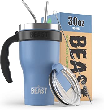 BEAST 30 oz Stormy Sky Blue Tumbler Set with Handle - Stainless Steel Coffee Cup   2 Straws Brush, Gift Box & Black Handle