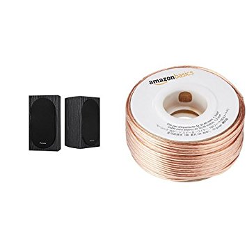 Pioneer SP-BS22-LR Andrew Jones Designed Bookshelf Loudspeakers and AmazonBasics 16-Gauge Speaker Wire - 100 Feet Bundle