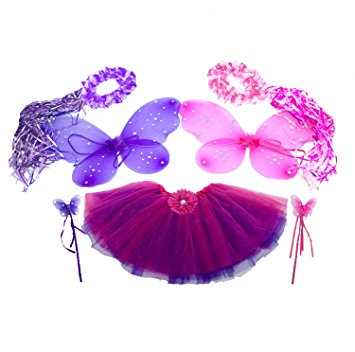 7pc Hot Pink & Purple Fairy Princess Costumes with Reversible Tutu PLUS GIFT BAG