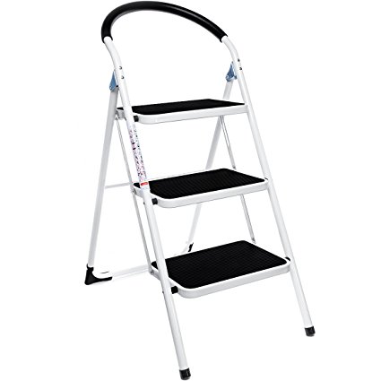 Delxo Folding 3 Step Ladder Stool Steel with Handgrip 330lbs White/Black Step Ladder Stool Combo(WK2061B-2)