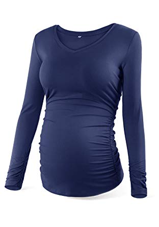 Rnxrbb Women V Neck Maternity Shirts Long Sleeve Pregnancy Clothes Side Ruched
