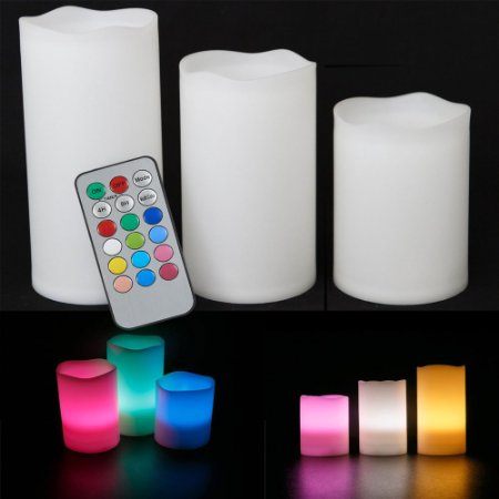 Accmor Remote Flameless LED Candles, Battery Operated Multicolor Changing Pillar Candles with Timer, Weatherproof Flickering Lights Set of 3 (4" 5" 6") for Indoor & Outdoor