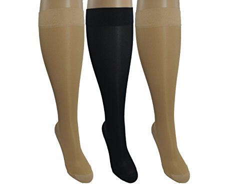 3 Pair Sheer Small/Medium Ladies Compression Socks, Moderate/Medium Graduated Compression 15-20 mmHg. Therapeutic, Occupational, Travel & Flight Knee-High Hosiery. Assorted Colors: Nude, Black.