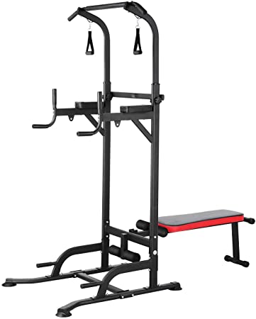 GARTIO Power Tower, Heavy-Duty Pull Up Bar, Multifunction, Adjustable Height Dip Station With Sit up Bench,4 Elastic Pull Ropes for Home Gym Strength Training Workout Exercise Fitness, 400lbs Max Load