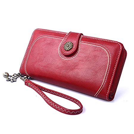 Women's RFID Blocking Genuine Leather Clutch Wallet Multi Card Holder Organizer Ladies Purse with Zipper Pocket (Red2)