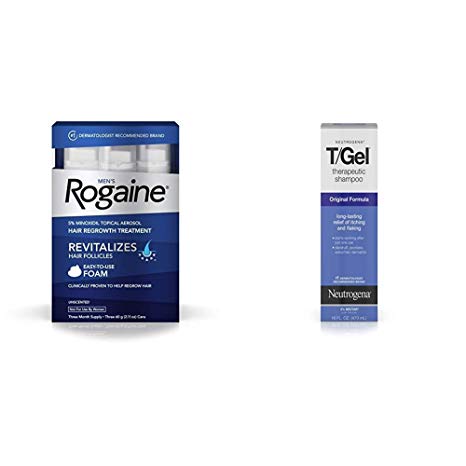 Men's Rogaine 5% Minoxidil Topical Hair Loss and Regrowth Foam, 3-Month Supply+Neutrogena T/Gel Original Therapeutic Shampoo,Flaky Scalp Due to Psoriasis & Seborrheic Dermatitis, 16 fl. Oz