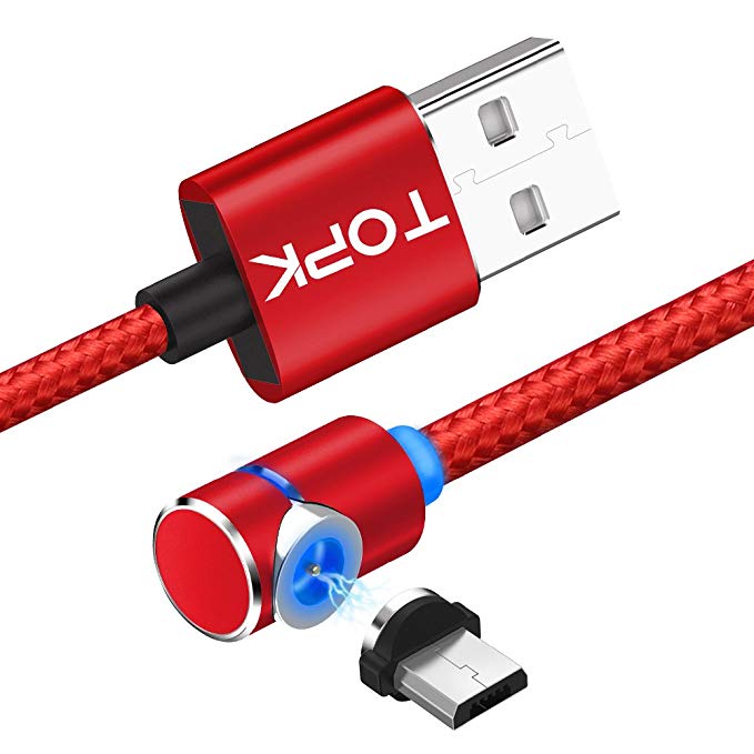 Side Magnetic Cable, TOPK 3.3 ft Android Micro USB Charging Cable Nylon Braided Durable Magnet USB Cable Charger with LED Light for Android Devices Samsung HTC Motorola ZTE and More (1M, Red) (Red)
