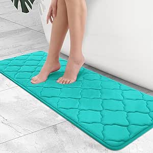 OLANLY Memory Foam Bath Mat Rug 47x17, Ultra Soft Non Slip and Absorbent Bathroom Rug, Machine Wash Dry, Comfortable, Thick Bath Rug Carpet for Bathroom Floor, Tub and Shower, Teal