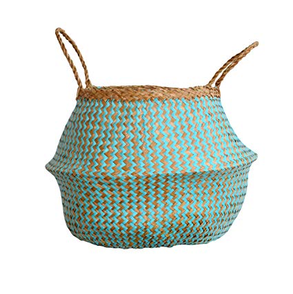 DUFMOD Medium Natural and Plush Woven Seagrass Tote Belly Basket for Storage, Laundry, Picnic, Plant Pot Cover, and Beach Bag (Plush Zigzag Chevron Seagrass Aquamarine, Medium)