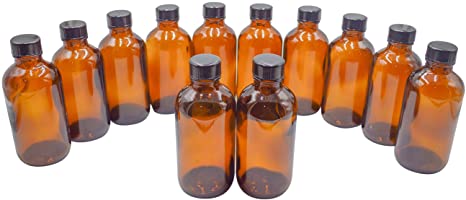 U-Pack 4 oz Amber Glass Boston Round Bottles With Black Ribbed Cap - 12 Pack