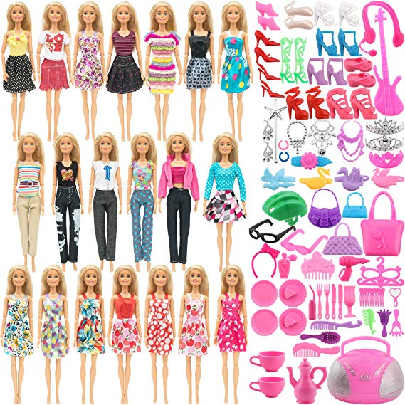 SOTOGO 110 Pieces Doll Clothes and Accessories for Barbie Doll Different Occasions Playset Include 20 Pieces Handmade Doll Grown Outfits Fashion Party Dresses and 90 Pieces Different Doll Accessories