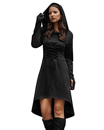 Jeanewpole1 Women Wizard Robe Costumes Hooded Long Sleeve High Low Lace Up Halloween Hoodie Dresses