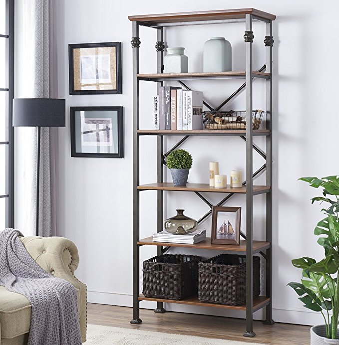 O&K Furniture 6-tier Industrial Style Bookcase, Vintage Free Standing Bookshelf, 76"x 32.7"x 16.1", Maple Finish