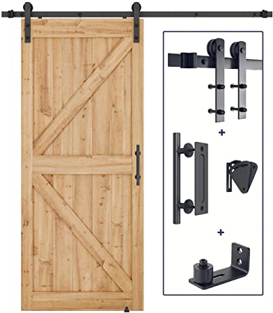 6.6 FT Heavy Duty Sturdy Sliding Barn Door Hardware Kit   Barn Door Bottom Adjustable Floor Guide Roller   12" Pull and Flush Barn Door Handle   Barn Door Large Size Latch Lock