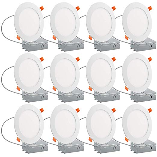 12PK 12W 6" Ultra-Thin Recessed Low Profile Slim Panel Light with Junction Box, 100W Equivalent Dimmable Airtight Downlight, 950lm 5000K Daylight White, ETL-Listed, 12 Pack