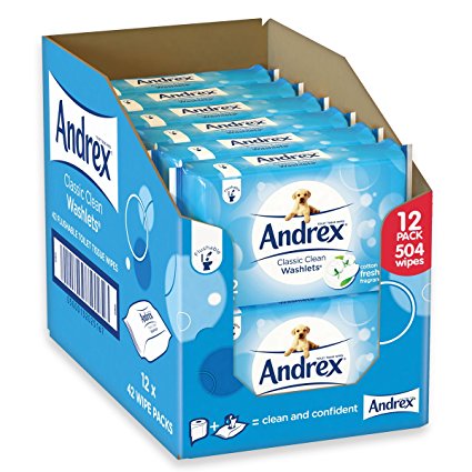 Andrex Washlets Flushable Toilet Tissue Wipes, Classic Clean - Pack of 12 (Total 504 Wipes)