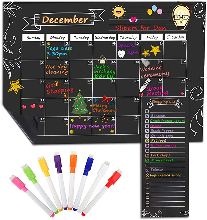 MoKo Magnetic Dry Erase Calendar for Refrigerator, 16.73"x12" Dry Erase Monthly Schedule Planner and Grocery Shopping List with 8 Markers for Kitchen Fridge and White Board - Black