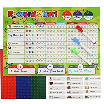 Magnetic Reward Chart Set, includes: Magnetic Chores & Stars, 3 color dry erase markers! Behavior Chart Board Magnetic backing & Hanging loop for Wall, Rigid board Dry Erasable,16" x 12"