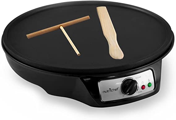 Aluminum Griddle Hot Plate Cooktop - Nonstick 12-Inch Electric Crepe Maker w/ LED Indicator Light and Adjustable Temperature Control, Wooden Spatula and Batter Spreader Included - NutriChef