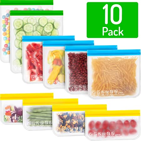 Reusable Storage Bags For Food - 10 Pack Ziplock Freezer Bags | 2 Reusable Gallon Bags   4 Reusable Sandwich Bags   4 Reusable Snack Bags | Non Plastic/Silicone Lunch Bags FDA Grade BPA FREE