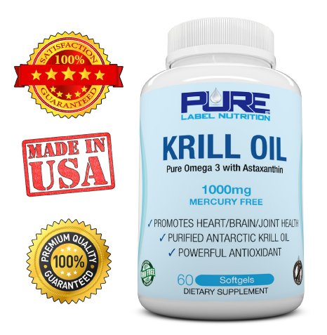 Krill Oil 1000mg w Astaxanthin PURE-K Top Rated 1 Fish Oil Omega 3 6 9 - EPA DHA - 100 Purified and Mercury free - Mega Dose Phospholipids - Non GMO - Gluten FREE
