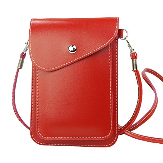 PU Leather 2 Layers Vertical Cellphone Pouch Bag with Shoulder Strap and Magnetic Button for Apple iPhone Samsung Galaxy and Other Smartphone Red