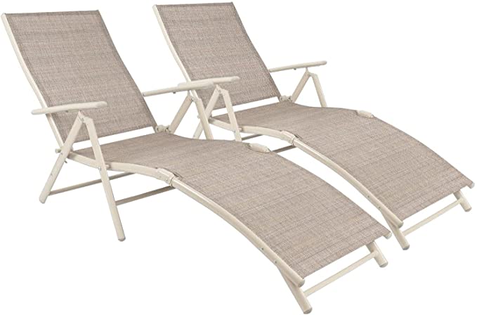 Flamaker Patio Lounge Chairs Adjustable Chaise Lounge Chairs Folding Outdoor Recliners Set of 2 for Beach, Pool and Yard (Beige)