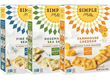 Simple Mills Almond Flour Cracker Variety Pack:, (1) Fine Ground Sea Salt, (1) Farmhouse Cheddar, (1) Rosemary & Sea Salt, 3 count