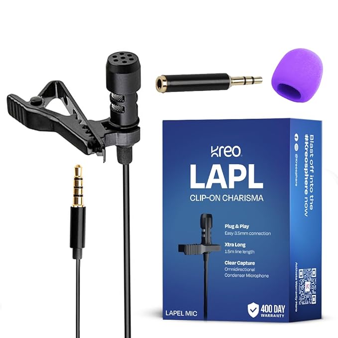 Kreo Lapl Lapel Mic with Extra Long Cable | Collar Mic for YouTube, Streaming, Videos | Plug and Play Microphone with 3.5mm Jack and Omnidirectional Pickup for Super Clear Sound