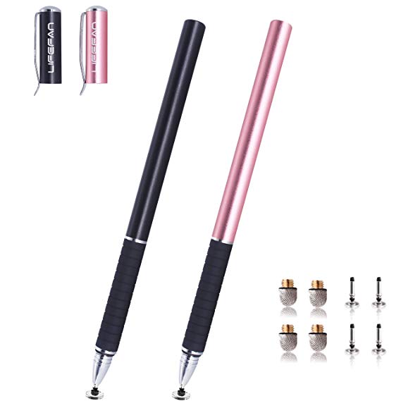 [3rd Gen] LifeFan Stylus High Precise 2-in-1 Double End with Replacement Tips, 4 x Micro-Knit Hybrid Fiber Tip   4 x Silicone Disc Tip (2PACK/Black Rose Gold)
