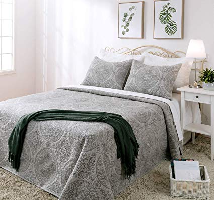 Elegant Life 100% Cotton Reversible Medallion Embroidered Bedding Solid Quilt - Oversized King 108'' x 95'', Gray