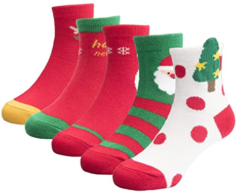 5 Pairs Toddler Kids Christmas Socks Cotton Cozy Crew Xmas Holiday Gifts Funny Novelty Stockings for Baby Girls Boys