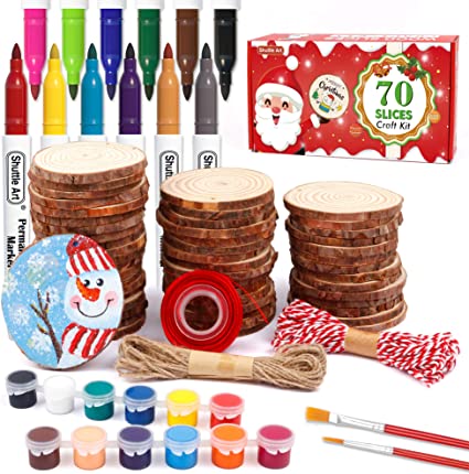 Natural Wood Slices 70 PCS 2.8-3.1 Inches Craft Wood Ornament Kit, Unfinished Predrilled Wooden Circles with Hole, Jute Twine, Acrylic Paint, Markers for DIY Decoration by Shuttle Art