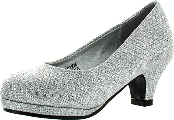 KP 101 K Little Girls Rhinestone Heel Platform Dress Pumps Silver