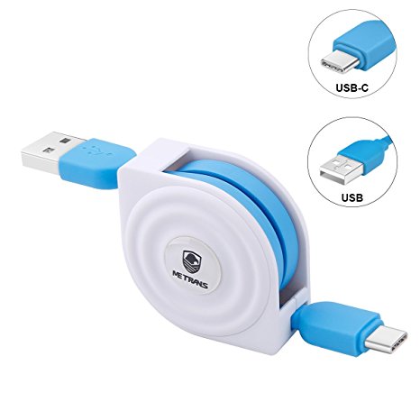 Retractable USB C Cable, Metrans Data Sync 2A Charging Cable Cord for Samsung Note 8/ S8 Plus Macbook 12" Nexus 6P Pixel XL LG G5(Blue&White, 3.3ft)