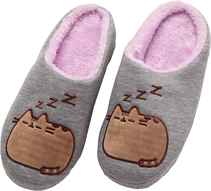 Pusheen The Cat Soft Comfortable Womens Slide On Slippers with Embroidered Kitty - Grey/Purple