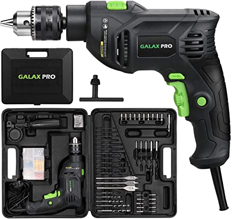 Impact Drill, GALAX PRO 600W 1/2-inch Corded Hammer Drill with 105pcs Accessories, Variable Speed 0-3000, Hammer and Drill 2 Functions in 1, 360°Rotating Handle, Depth Gauge, Carrying Case Included