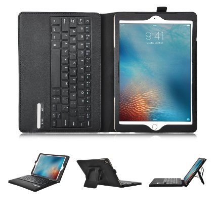 ipad pro 9.7 Keyboard case, KuGi ipad pro 9.7 case - High quality Ultra-thin Detachable Bluetooth Keyboard Stand Portfolio Case / Cove for Apple ipad pro 9.7 tablet (Black)