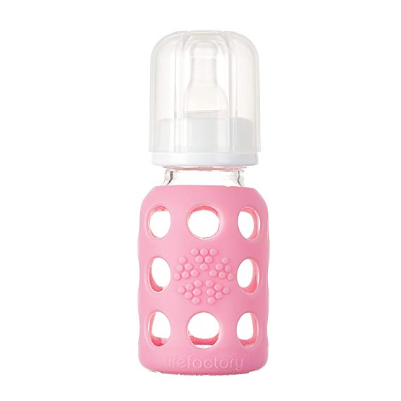Lifefactory 4-Ounce BPA-Free Glass Baby Bottle with Protective Silicone Sleeve and Stage 1 Nipple, Pink