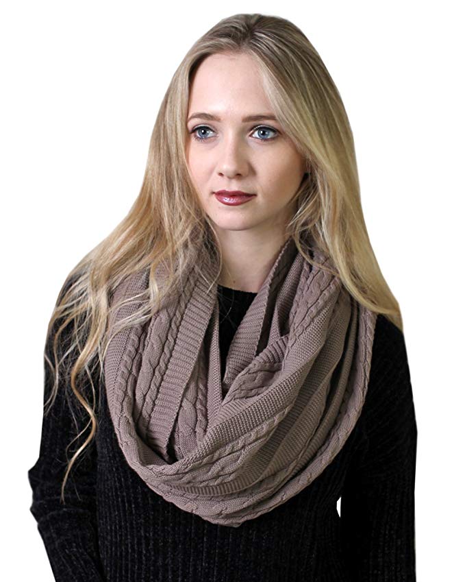 Women's Cable Knit Infinity Scarf, 100% Organic Cotton, Super Soft Thick Warm lightweight Eco-friendly All-season (8 colors)