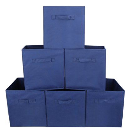 Set of 6 Foldable Fabric Basket Bin- EZOWare Collapsible Storage Cube For Nursery Home and Office - Blue