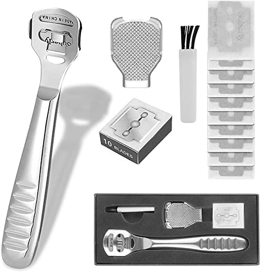 Foot Scraper, WOVTE Stainless Steel Foot Files Callus Remover Pedicure Callus Shaver with 10 PCS Replacement Blades for Hard Skin Remover Foot Scrub, Exfoliating, Foot Clean Care