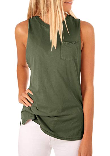 Mafulus Women's High Neck Tank Top Sleeveless Blouse Plain T Shirts Pocket Cami Summer Tops