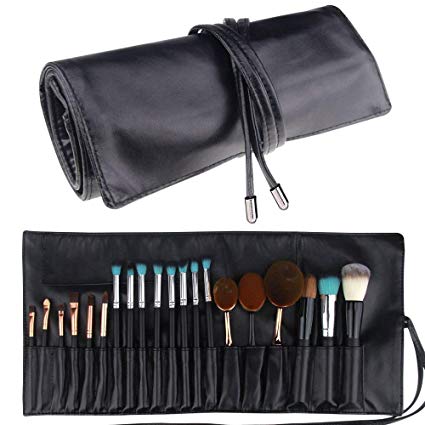 Relavel Makeup Brush Rolling Case Pouch Holder Cosmetic Bag Organizer Travel Portable 18 Pockets Cosmetics Brushes Black Leather Case