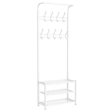 Yaheetech Metal 18 Hooks Coat Garment Rack with 3 Tier Shoes Rack Shelves Hall Tree Storage Organizer for Entryway, White