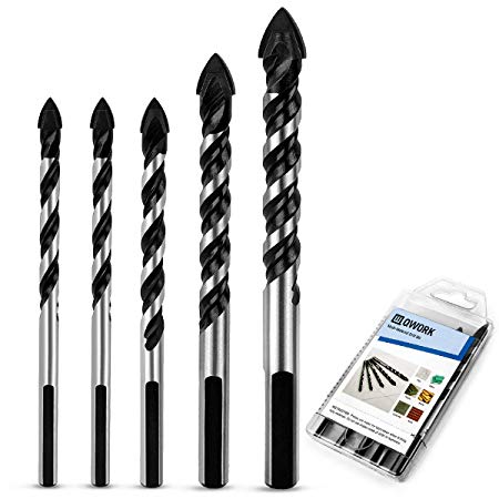 QWORK 5 Pcs Multi-Material Drill Bit Set for Tile,Concrete, Brick, Glass, Plastic and Wood, 6mm,8mm,10mm, 12mm,Tungsten Carbide Tip Best for Wall Mirror and Ceramic Tile on Concrete and Brick Wall