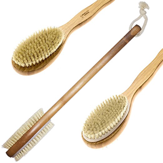 Body Scrubber with Extra Long Handle - Double Sided Bamboo Dry Body Bath Brush - All Natural Boar Bristles   FREE Hanging Hook!