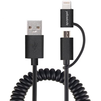 StrongFirst 4.9 ft (Apple MFI Certified) 2 in 1 Yellowknife Lightning Cable with Micro USB Sync and Charge Cable (Black-Stretchable)