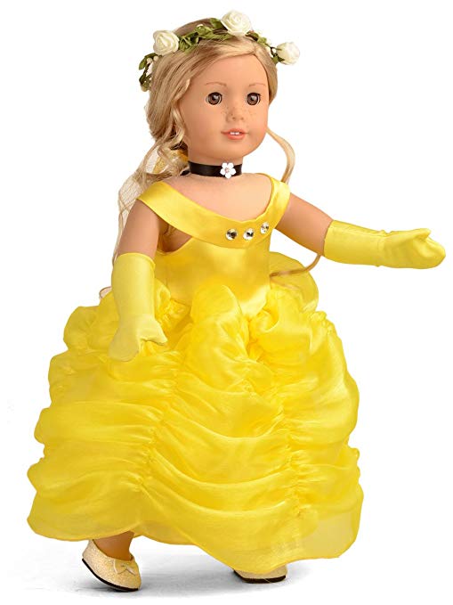 Doll Clothes Princess Belle-Inspired Ball Gown, Shoes, Garland, Necklace Fits American Girl 18 Inches Dolls